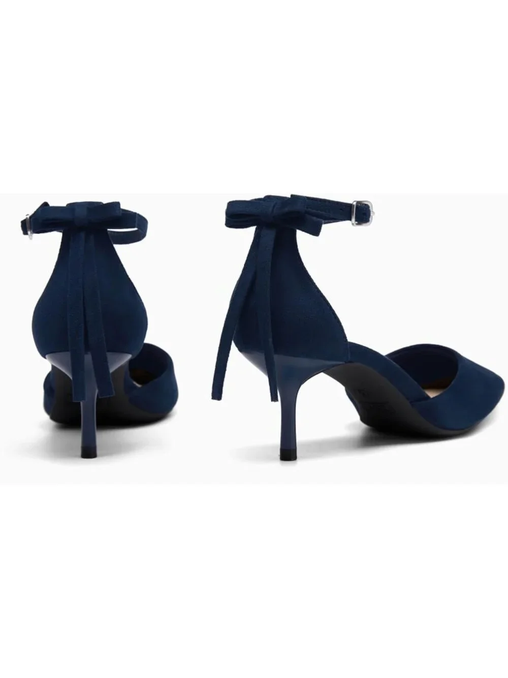 Women's Navy Kitten Low Heels Closed Pointed Toe Pumps Bow Ankle Strap Shoes